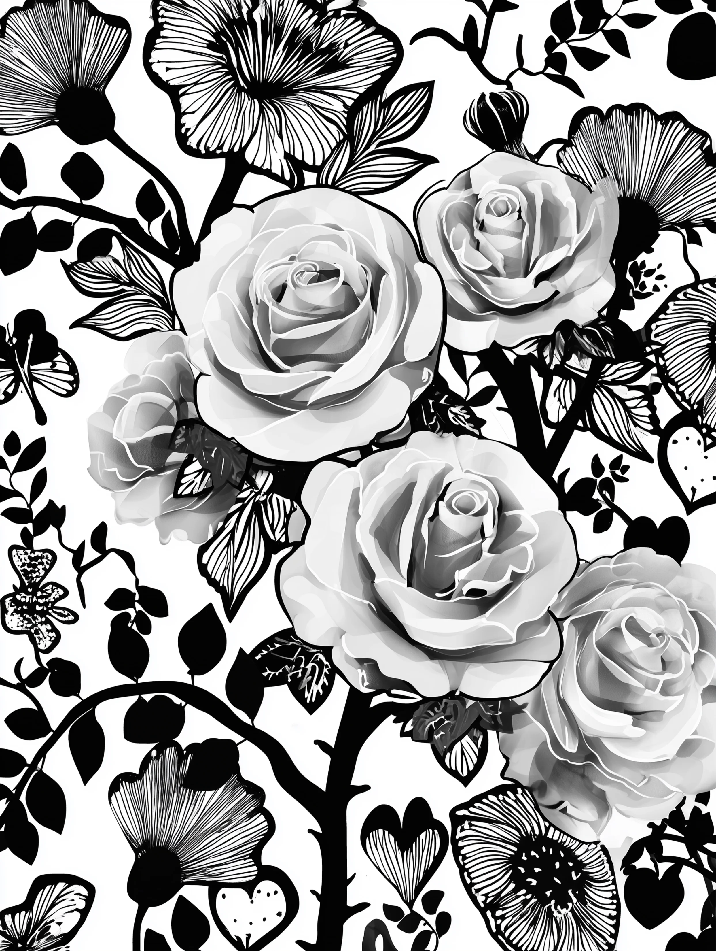 Free printable rose coloring page for adults featuring dark outlined stems and roses